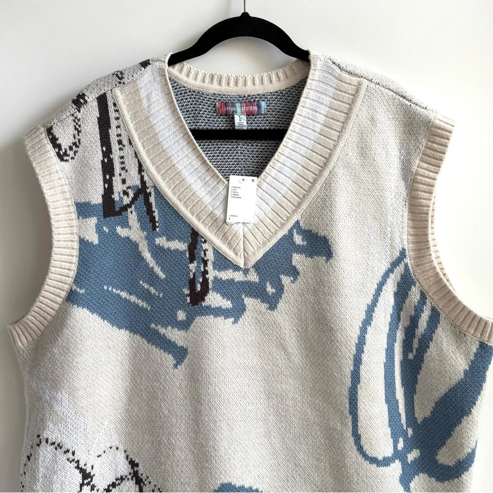 Urban Outfitters Men’s Abstract Pattern V-Neck Sweater Vest Cream Blue Large